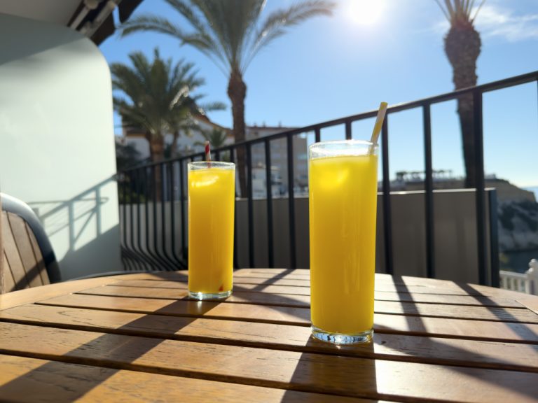 La mesa de la terraza, con la bahía delante