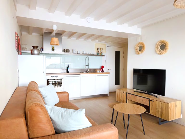 Zona de estar con el sofá y la cocina al fondo